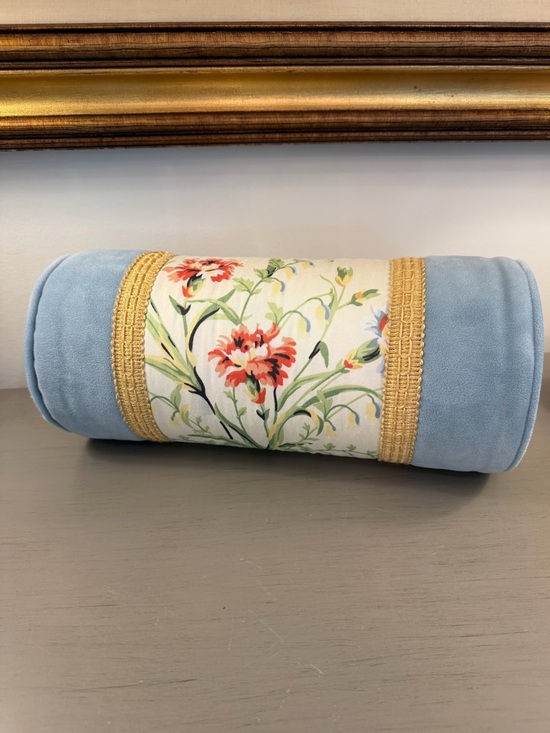 Other - Vintage Bolster Pillow Floral Chintz & Blue Velvet Fabric Gold Trim Button Ends